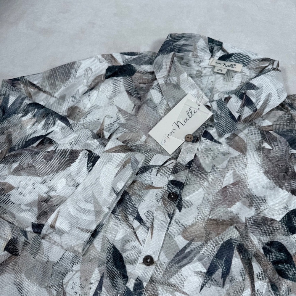 Simply Noelle Mesh Lace Button Down Shirt Grey Leaf Print 3/4 Sleeve L/XL NEW